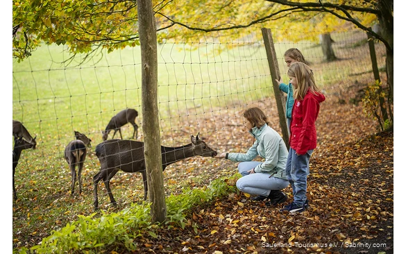 Mutter und zwei Kinder beobachten Wild hinter einem Zaun.