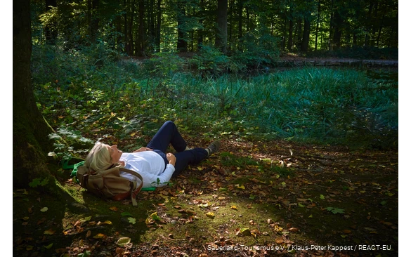 Eine Frau liegt in einer Waldlichtung und genießt die Natur.