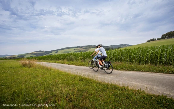 Zwei Radfahrer auf Tour durch grüne Natur.