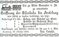 Ankündigung der Eröffnung der Eisenbahn bis Fredeburg 1899.
